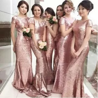 Traditional Rose Pink Bridesmaids Dress Party and Wedding Party with Sequins Bateau Short Sleeves Zipper