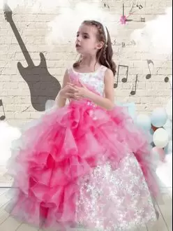 Latest Hot Pink Sleeveless Floor Length Beading and Ruffles Lace Up Little Girls Pageant Dress Wholesale Scoop