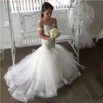 Mermaid Bridal Gown White Spaghetti Straps Tulle Sleeveless Floor Length Zipper