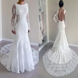 Free and Easy White Long Sleeves Court Train Lace Celebrity Inspired Dress