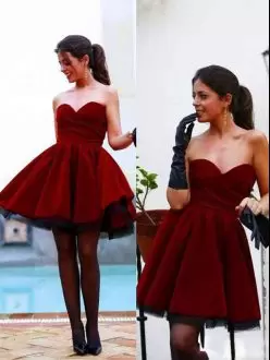 High Quality Burgundy A-line Sweetheart Sleeveless Satin and Tulle Mini Length Lace Up Pleated Court Dresses for Sweet 16