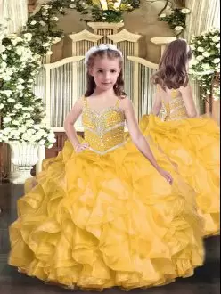Super Gold Organza Lace Up Kids Formal Wear Sleeveless Floor Length Beading and Ruffles
