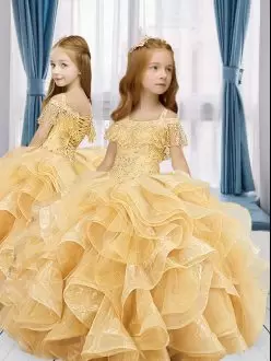 Latest Gold Sleeveless Organza and Tulle Lace Up Kids Formal Wear for Sweet 16 and Quinceanera