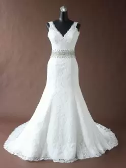 Cheap Lace Zipper V-neck Sleeveless Wedding Dress Sweep Train Beaded Belt