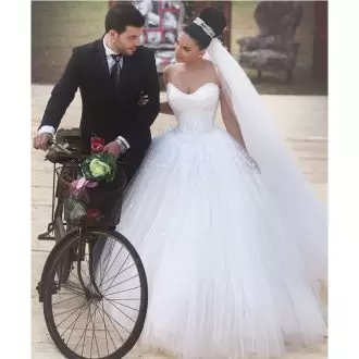 Beading and Sequins Wedding Gown White Zipper Sleeveless Floor Length