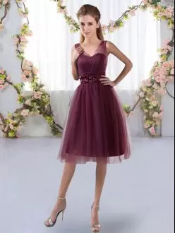 Fine Tulle Sleeveless Knee Length Bridesmaid Gown and Appliques