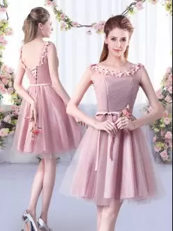 Pink Lace Up Scoop Appliques and Belt Dama Dress for Quinceanera Tulle Sleeveless