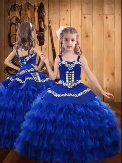 Floor Length Royal Blue Little Girls Pageant Gowns Straps Sleeveless Lace Up
