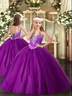 Stunning Purple Sleeveless Floor Length Beading Lace Up High School Pageant Dress V-neck