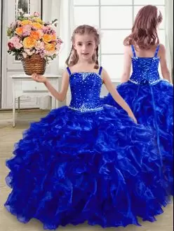 Trendy Royal Blue Straps Lace Up Beading and Ruffles Pageant Dress Wholesale Sleeveless