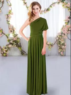 Lovely Olive Green One Shoulder Criss Cross Ruching Bridesmaid Gown Sleeveless