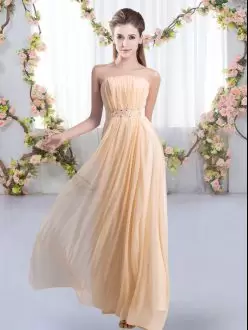 Pretty Peach Chiffon Lace Up Bridesmaid Dresses Sleeveless Sweep Train Beading