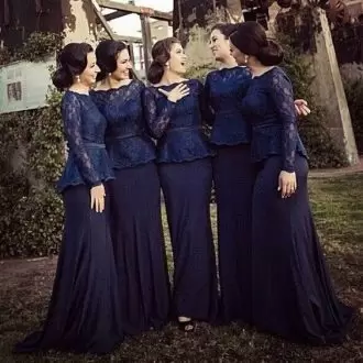 Navy Blue Long Sleeves Floor Length Lace and Belt Lace Up Court Dresses for Sweet 16 Bateau