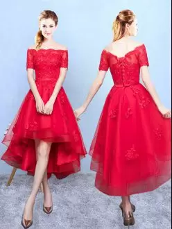 Wine Red A-line Off The Shoulder Half Sleeves Organza High Low Lace Up Appliques Wedding Party Dress