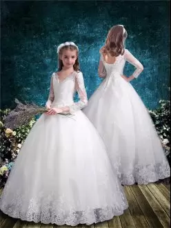 White Ball Gowns V-neck 3 4 Length Sleeve Tulle Floor Length Lace Up Lace Toddler Flower Girl Dress