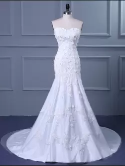 Sleeveless With Train Embroidery and Hand Made Flower Lace Up Wedding Dresses with White Chapel Train