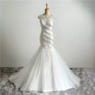 Sexy Cap Sleeves Floor Length Beading and Appliques Lace Up Wedding Dress with White Sweep Train