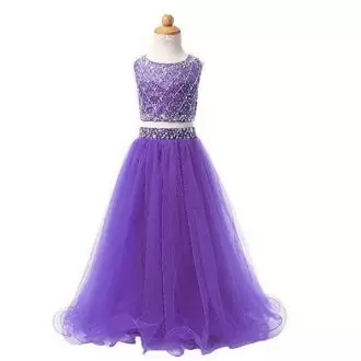 Lavender Zipper Pageant Dress Wholesale Beading Sleeveless Floor Length
