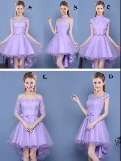 High Low Lavender Quinceanera Dama Dress Taffeta and Tulle Sleeveless Lace and Bowknot