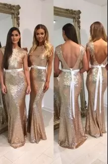 Gold Mermaid Sashes ribbons Bridesmaids Dress Backless Sequined Sleeveless Floor Length