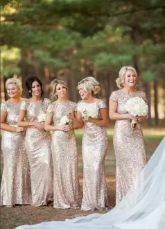 Fully Sequins Rose Gold Short Sleeve Low Back Bridesmaid Dress