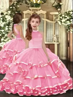 Inexpensive Sleeveless Organza Floor Length Backless Kids Pageant Dress in Pink with Beading and Ruffled Layers