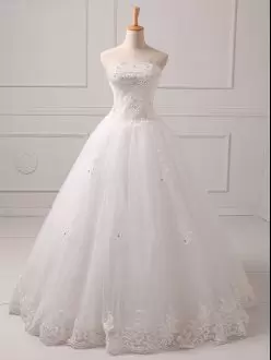 White A-line Tulle Scoop Sleeveless Beading and Appliques Floor Length Bridal Gown Brush Train