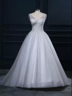 Inexpensive Grey Wedding Dress Wedding Party with Beading and Appliques V-neck Sleeveless Court Train Lace Up