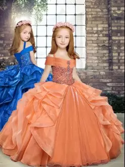 Custom Fit Straps Sleeveless Pageant Dress for Teens Floor Length Beading and Ruffles Orange Organza
