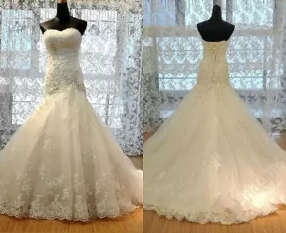 White Sweetheart Lace Up Lace and Appliques Wedding Dresses Sweep Train Sleeveless