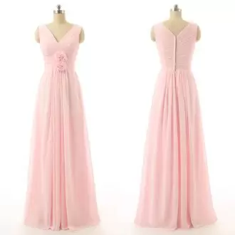 Sleeveless Floor Length Beading and Lace Zipper Bridesmaid Gown with Pink