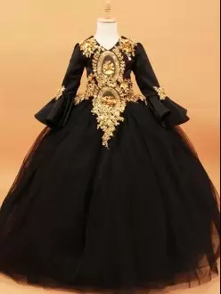 Black V-neck Beading and Appliques Child Pageant Dress Long Sleeves