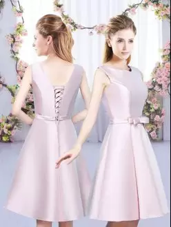 Hot Sale Baby Pink A-line Scoop Sleeveless Satin Mini Length Lace Up Bowknot Bridesmaid Dress