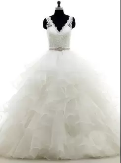 Fabulous White Backless V-neck Beading and Lace and Ruffles Wedding Dresses Organza Sleeveless Brush Train