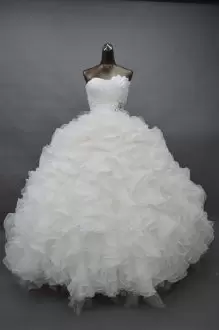 Beading and Ruffles and Ruching Wedding Dress White Zipper Sleeveless Floor Length