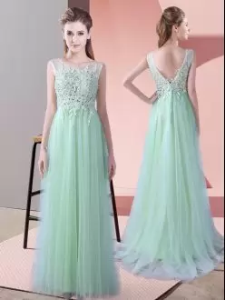 Apple Green Sleeveless Beading and Lace Zipper Bridesmaids Dress Scoop