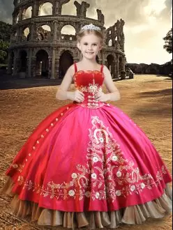Hot Pink Lace Up Child Pageant Dress Embroidery Sleeveless Floor Length