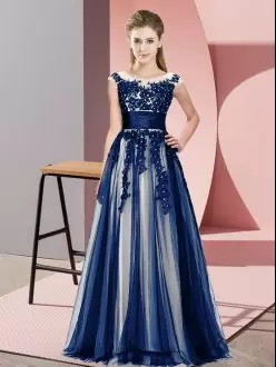 Dynamic Navy Blue Sleeveless Beading and Lace Floor Length Wedding Party Dress