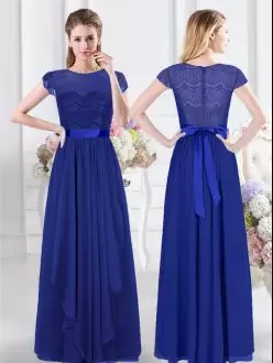 Fantastic Royal Blue Short Sleeves Floor Length Lace and Belt Zipper Bridesmaids Dress Scoop