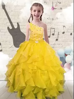 Popular Yellow One Shoulder Neckline Beading and Ruffles Little Girl Pageant Dress Sleeveless Lace Up