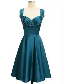 Latest Teal Lace Up Bridesmaid Dress Ruching Sleeveless Knee Length