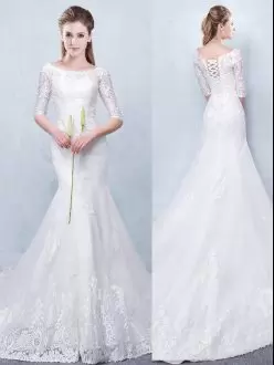Enchanting Lace Wedding Dress White Lace Up Half Sleeves With Train Court Train
