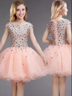 Latest Mini Length Pink Bridesmaid Dresses Bateau Cap Sleeves Lace Up
