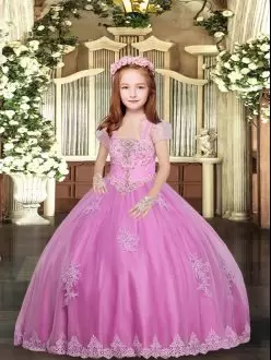Sleeveless Floor Length Lace and Appliques Lace Up Little Girls Pageant Dress Wholesale with Lilac