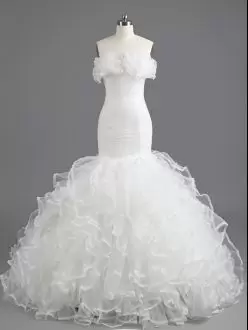 White Sleeveless With Train Ruffles Lace Up Wedding Dresses Sweetheart