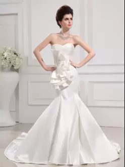 With Train White Wedding Gown Satin Court Train Sleeveless Ruffles and Ruching