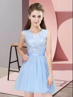 Light Blue Bridesmaid Dresses Prom and Party and Wedding Party with Lace Scoop Sleeveless Side Zipper