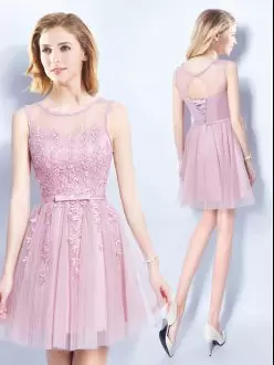Pink Empire Appliques and Belt Bridesmaid Dress Lace Up Tulle Sleeveless Mini Length