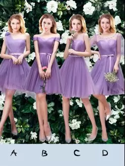Lavender Lace Up Wedding Guest Dresses Beading and Appliques and Ruffles and Ruching and Belt and Hand Made Flower Sleeveless Mini Length