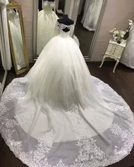 Unique Tulle Long Sleeves Bridal Gown Cathedral Train and Lace and Appliques